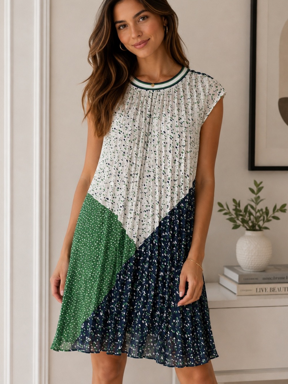 DR2 Pleated Colorblock Midi Dress by Daniel Rainn in Green/Navy/White